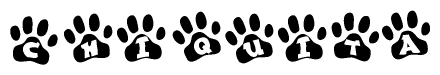 The image shows a row of animal paw prints, each containing a letter. The letters spell out the word Chiquita within the paw prints.