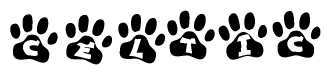 The image shows a row of animal paw prints, each containing a letter. The letters spell out the word Celtic within the paw prints.