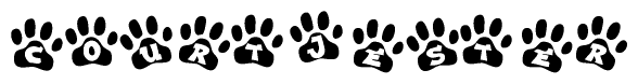 The image shows a series of animal paw prints arranged in a horizontal line. Each paw print contains a letter, and together they spell out the word Courtjester.