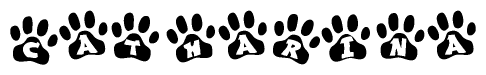 The image shows a series of animal paw prints arranged horizontally. Within each paw print, there's a letter; together they spell Catharina