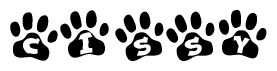 The image shows a row of animal paw prints, each containing a letter. The letters spell out the word Cissy within the paw prints.