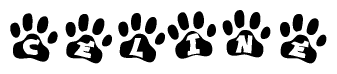 The image shows a series of animal paw prints arranged in a horizontal line. Each paw print contains a letter, and together they spell out the word Celine.