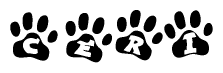 The image shows a row of animal paw prints, each containing a letter. The letters spell out the word Ceri within the paw prints.