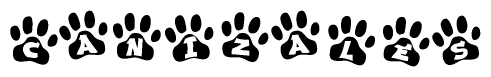 The image shows a series of animal paw prints arranged in a horizontal line. Each paw print contains a letter, and together they spell out the word Canizales.
