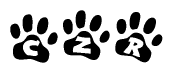 The image shows a series of animal paw prints arranged horizontally. Within each paw print, there's a letter; together they spell Czr