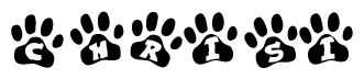 The image shows a series of animal paw prints arranged in a horizontal line. Each paw print contains a letter, and together they spell out the word Chrisi.