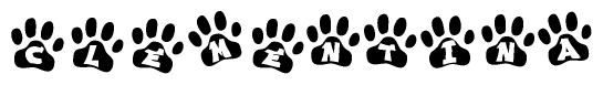 The image shows a row of animal paw prints, each containing a letter. The letters spell out the word Clementina within the paw prints.
