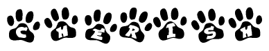 The image shows a series of animal paw prints arranged in a horizontal line. Each paw print contains a letter, and together they spell out the word Cherish.