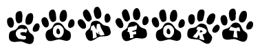 The image shows a row of animal paw prints, each containing a letter. The letters spell out the word Comfort within the paw prints.