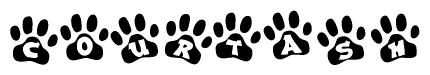 The image shows a row of animal paw prints, each containing a letter. The letters spell out the word Courtash within the paw prints.