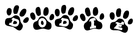 The image shows a series of animal paw prints arranged horizontally. Within each paw print, there's a letter; together they spell Dodie