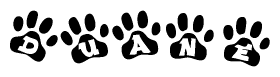 The image shows a series of animal paw prints arranged horizontally. Within each paw print, there's a letter; together they spell Duane