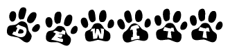 The image shows a series of animal paw prints arranged in a horizontal line. Each paw print contains a letter, and together they spell out the word Dewitt.