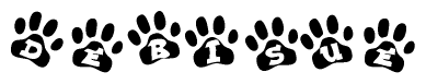 The image shows a series of animal paw prints arranged in a horizontal line. Each paw print contains a letter, and together they spell out the word Debisue.