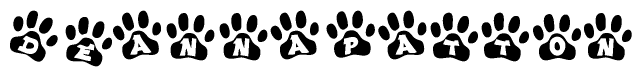 The image shows a series of animal paw prints arranged in a horizontal line. Each paw print contains a letter, and together they spell out the word Deannapatton.