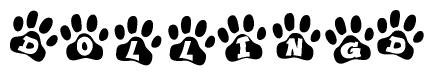 The image shows a series of animal paw prints arranged in a horizontal line. Each paw print contains a letter, and together they spell out the word Dollingd.