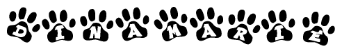 The image shows a series of animal paw prints arranged in a horizontal line. Each paw print contains a letter, and together they spell out the word Dinamarie.