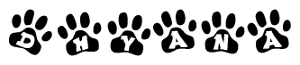 The image shows a series of animal paw prints arranged horizontally. Within each paw print, there's a letter; together they spell Dhyana