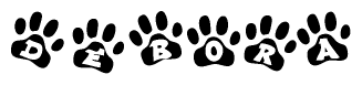 The image shows a row of animal paw prints, each containing a letter. The letters spell out the word Debora within the paw prints.