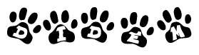 The image shows a series of animal paw prints arranged in a horizontal line. Each paw print contains a letter, and together they spell out the word Didem.