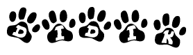 The image shows a series of animal paw prints arranged horizontally. Within each paw print, there's a letter; together they spell Didik