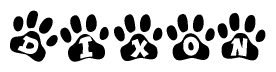 The image shows a row of animal paw prints, each containing a letter. The letters spell out the word Dixon within the paw prints.