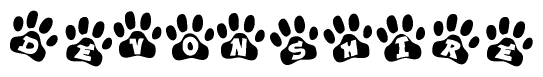 The image shows a series of animal paw prints arranged in a horizontal line. Each paw print contains a letter, and together they spell out the word Devonshire.