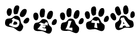 The image shows a row of animal paw prints, each containing a letter. The letters spell out the word Delta within the paw prints.