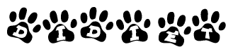 The image shows a row of animal paw prints, each containing a letter. The letters spell out the word Didiet within the paw prints.