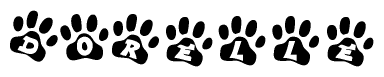 The image shows a series of animal paw prints arranged horizontally. Within each paw print, there's a letter; together they spell Dorelle