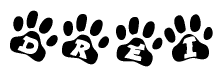 The image shows a series of animal paw prints arranged horizontally. Within each paw print, there's a letter; together they spell Drei