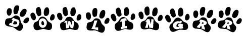 The image shows a row of animal paw prints, each containing a letter. The letters spell out the word Dowlingrr within the paw prints.