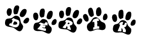 The image shows a series of animal paw prints arranged in a horizontal line. Each paw print contains a letter, and together they spell out the word Derik.