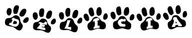 The image shows a series of animal paw prints arranged in a horizontal line. Each paw print contains a letter, and together they spell out the word Delicia.