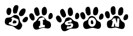 The image shows a series of animal paw prints arranged horizontally. Within each paw print, there's a letter; together they spell Dison
