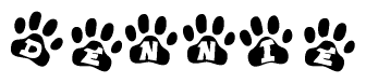 The image shows a series of animal paw prints arranged in a horizontal line. Each paw print contains a letter, and together they spell out the word Dennie.