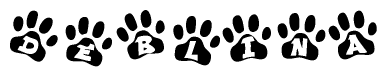 The image shows a row of animal paw prints, each containing a letter. The letters spell out the word Deblina within the paw prints.