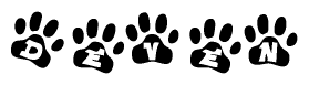 The image shows a row of animal paw prints, each containing a letter. The letters spell out the word Deven within the paw prints.