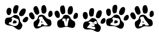The image shows a row of animal paw prints, each containing a letter. The letters spell out the word Daveda within the paw prints.