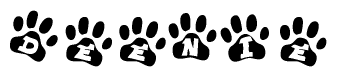 The image shows a series of animal paw prints arranged horizontally. Within each paw print, there's a letter; together they spell Deenie
