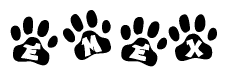 The image shows a series of animal paw prints arranged in a horizontal line. Each paw print contains a letter, and together they spell out the word Emex.