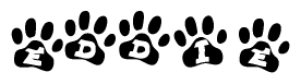 The image shows a series of animal paw prints arranged horizontally. Within each paw print, there's a letter; together they spell Eddie