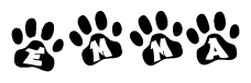 The image shows a series of animal paw prints arranged in a horizontal line. Each paw print contains a letter, and together they spell out the word Emma.