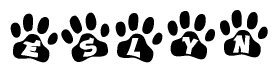 The image shows a series of animal paw prints arranged in a horizontal line. Each paw print contains a letter, and together they spell out the word Eslyn.
