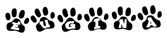 The image shows a series of animal paw prints arranged horizontally. Within each paw print, there's a letter; together they spell Eugina