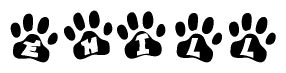 The image shows a series of animal paw prints arranged horizontally. Within each paw print, there's a letter; together they spell Ehill