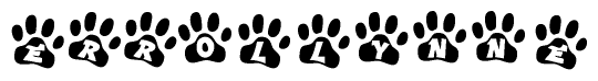 The image shows a series of animal paw prints arranged horizontally. Within each paw print, there's a letter; together they spell Errollynne