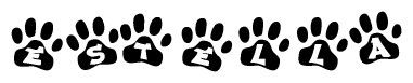The image shows a series of animal paw prints arranged in a horizontal line. Each paw print contains a letter, and together they spell out the word Estella.
