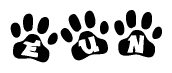 The image shows a row of animal paw prints, each containing a letter. The letters spell out the word Eun within the paw prints.