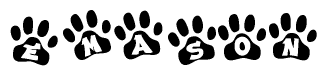 The image shows a series of animal paw prints arranged in a horizontal line. Each paw print contains a letter, and together they spell out the word Emason.